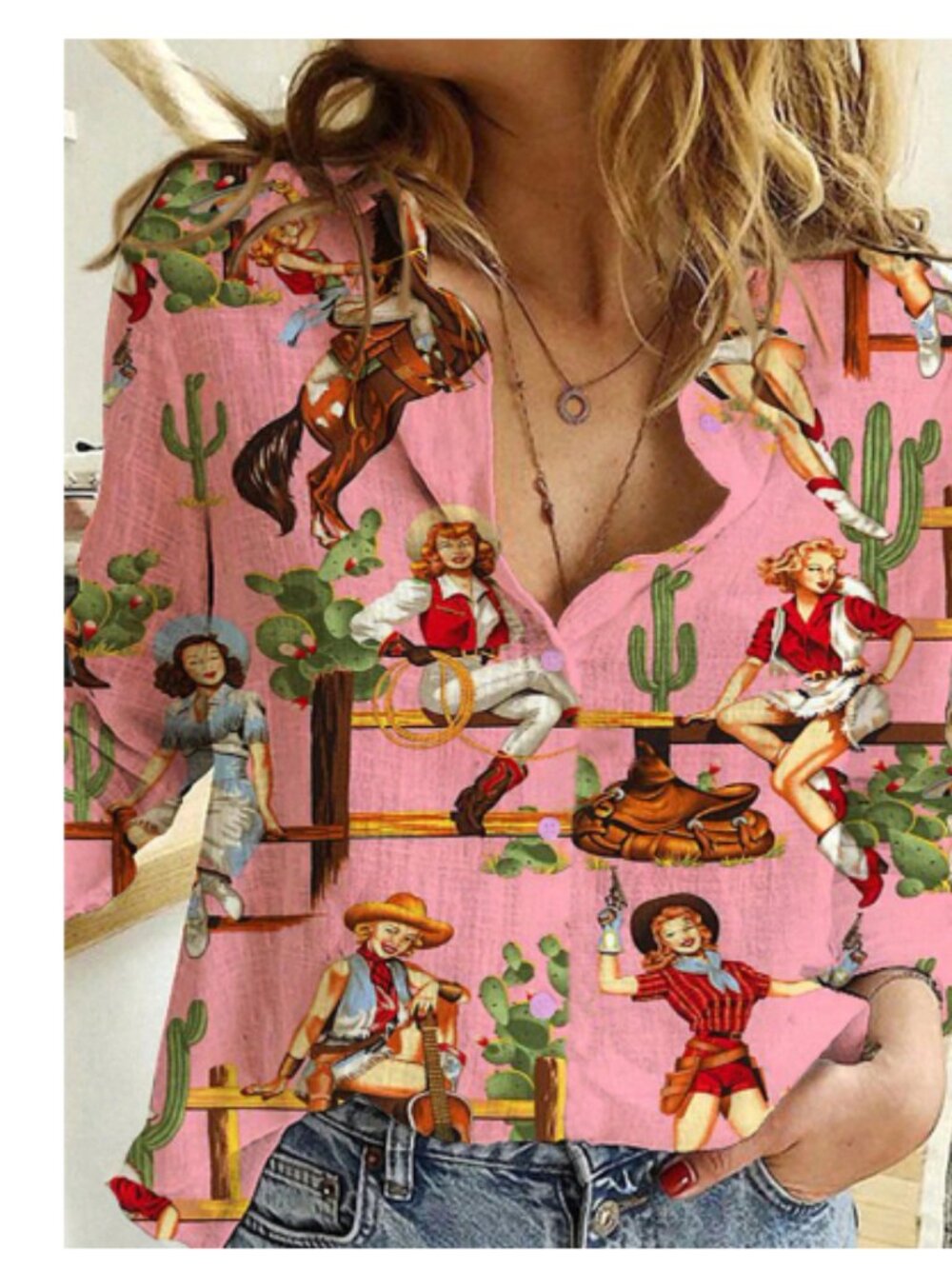 Western Top, Women's Plus Cartoon Figure Print Long Sleeve Lapel Collar Button U